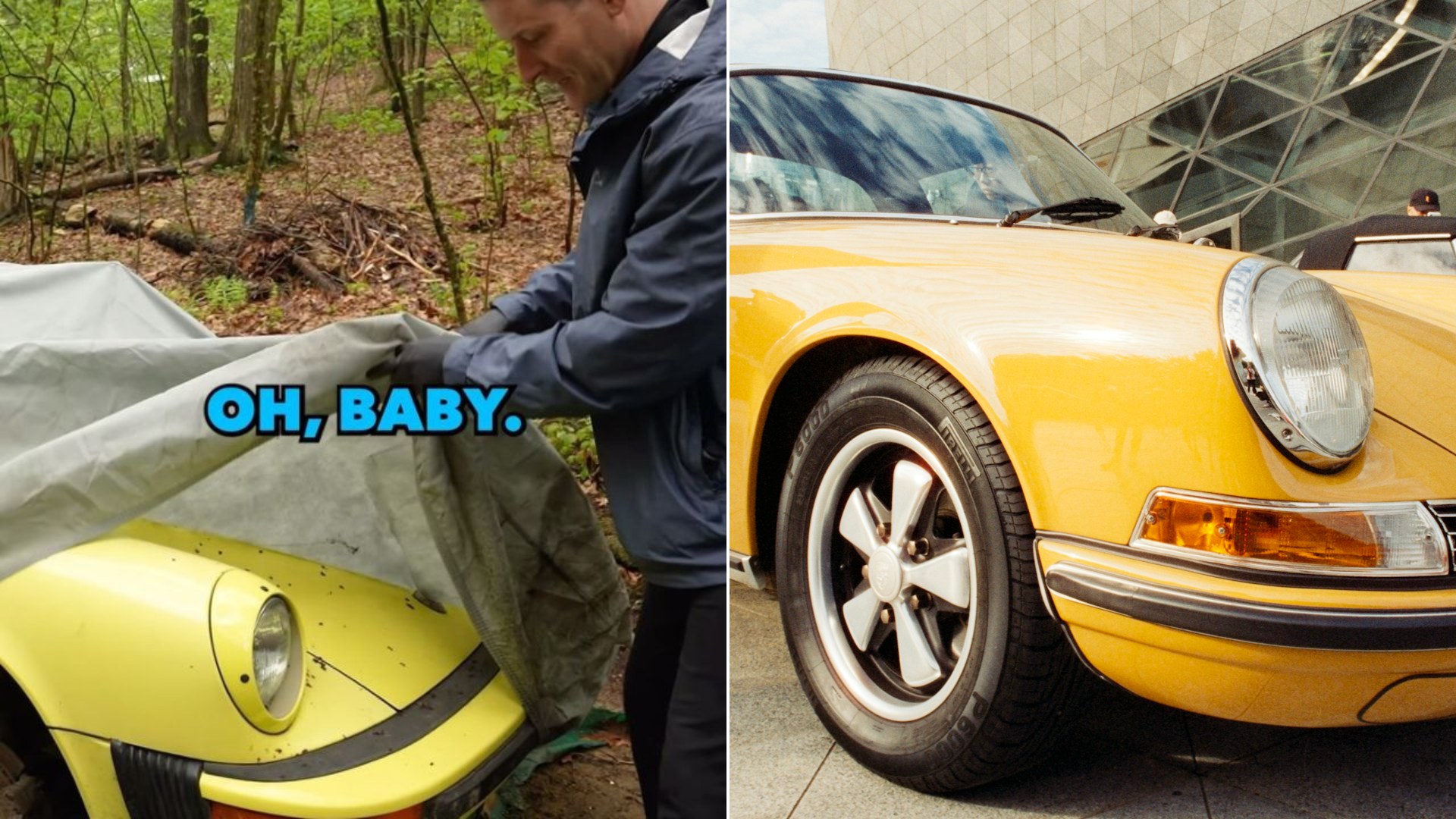 Cover of @ammonyc's Instagram reel beside an Unsplash photo by Zhen Yao of a yellow vintage Porsche 911 Targa parked outdoors