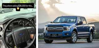 Left: cover still from a TikTok video by @macsmobilemechanic. Right: blue Ford pickup truck (Unsplash photo by Caleb White).