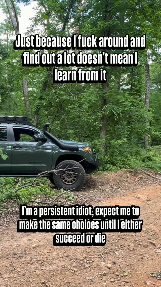 Overlander With a Veteran Built Pickup Drives Straight Over a Downed Tree Limb on a Wooded Trail and Admits to Making the Same Choices Again and Again Without Learning From Mistakes