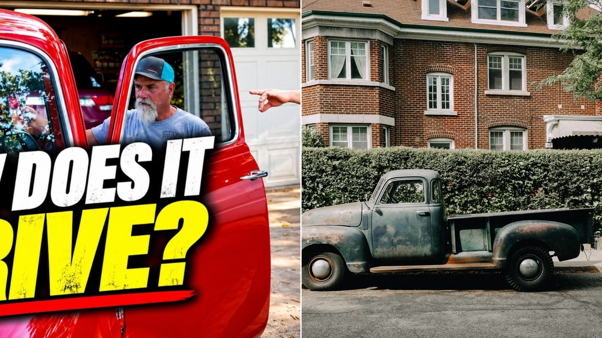 An old pickup truck sits parked in front of a house.