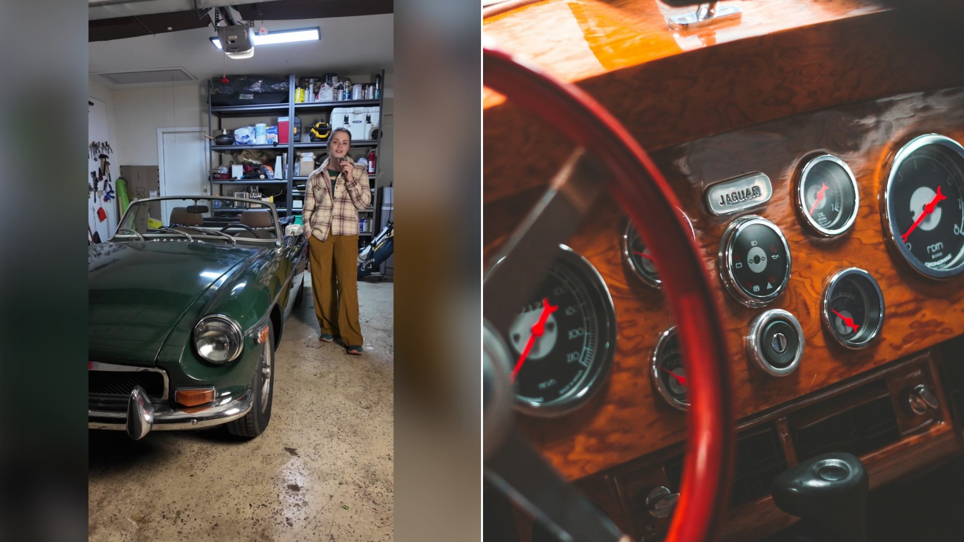 Couple with a classic MGB roadster beside a stock photo of a vintage car dashboard.