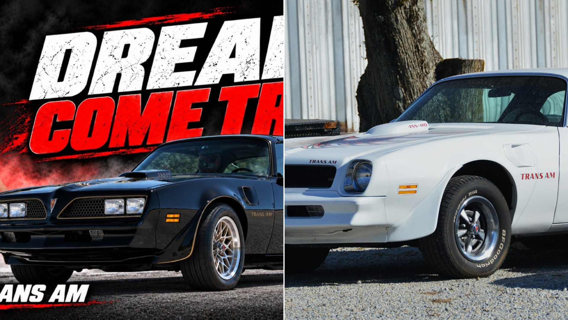 A white vintage Pontiac Trans Am is parked outdoors.