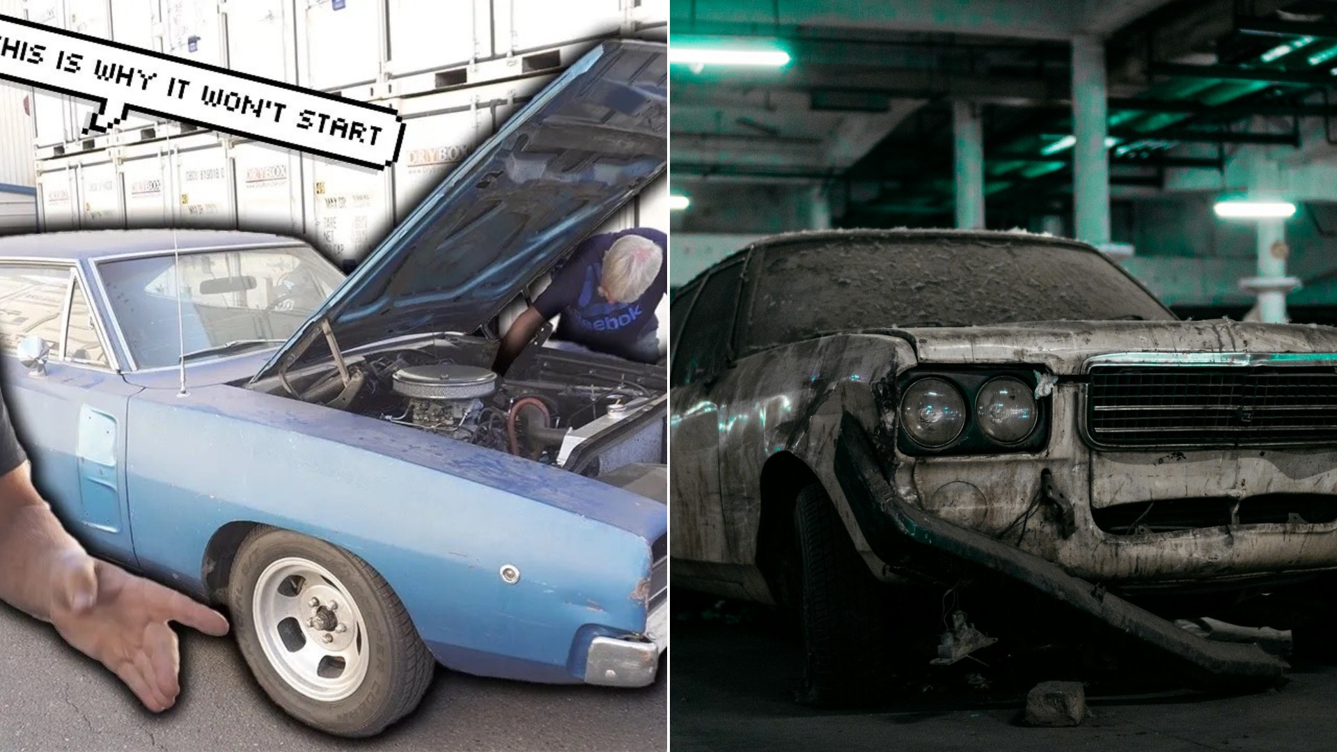 A 1968 Dodge Charger R/T pulled from storage beside a stock photo of a dusty car in a parking garage.