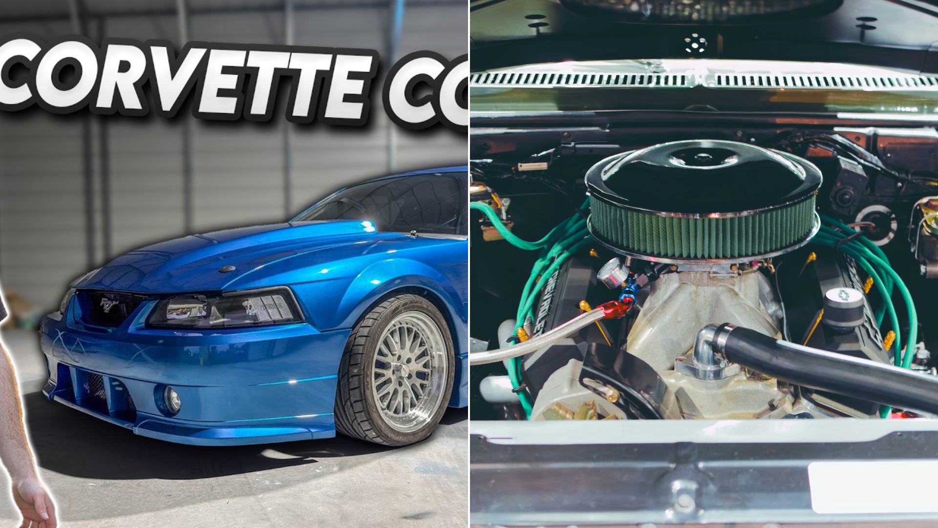 A Mustang engine swap video cover beside a stock photo of a car engine.