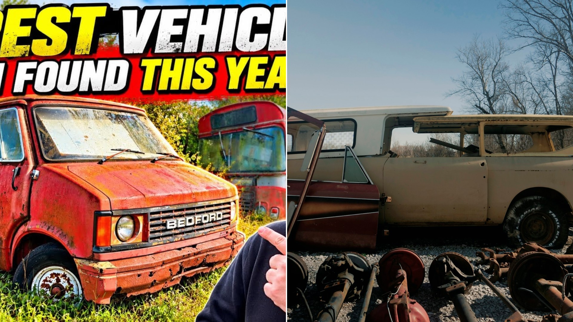 A Bedford van yard video cover beside a stock photo of an old van in a junkyard.