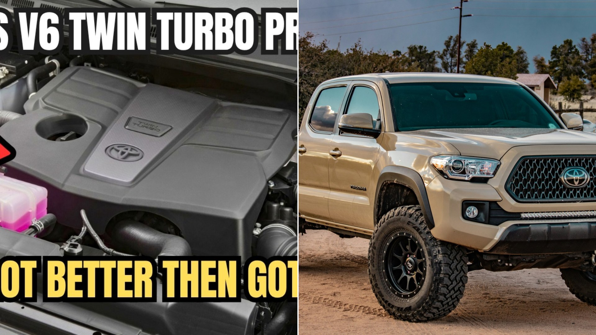 Toyota twin-turbo V6 engine story: creator cover beside a close-up of an engine bay